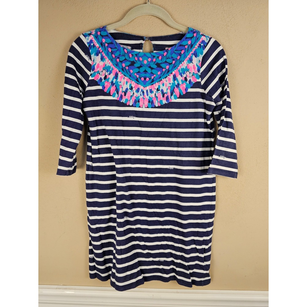 Lilly Pulitzer Girls Bright Navy Island Medallion Stripe‎ Bay Dress XL 12 14